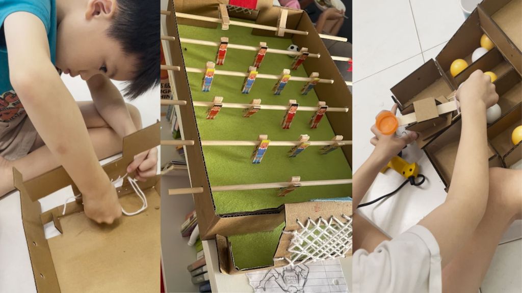 Benjamin building cardboard foosball and a ping pong ball catapult at home, with lots of testing, tweaking, and trying again