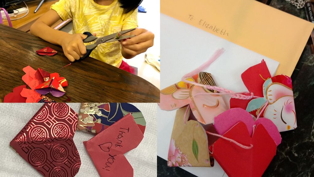 Origami heart collage made by Elizabeth and friends to thank healthcare workers in 2020
