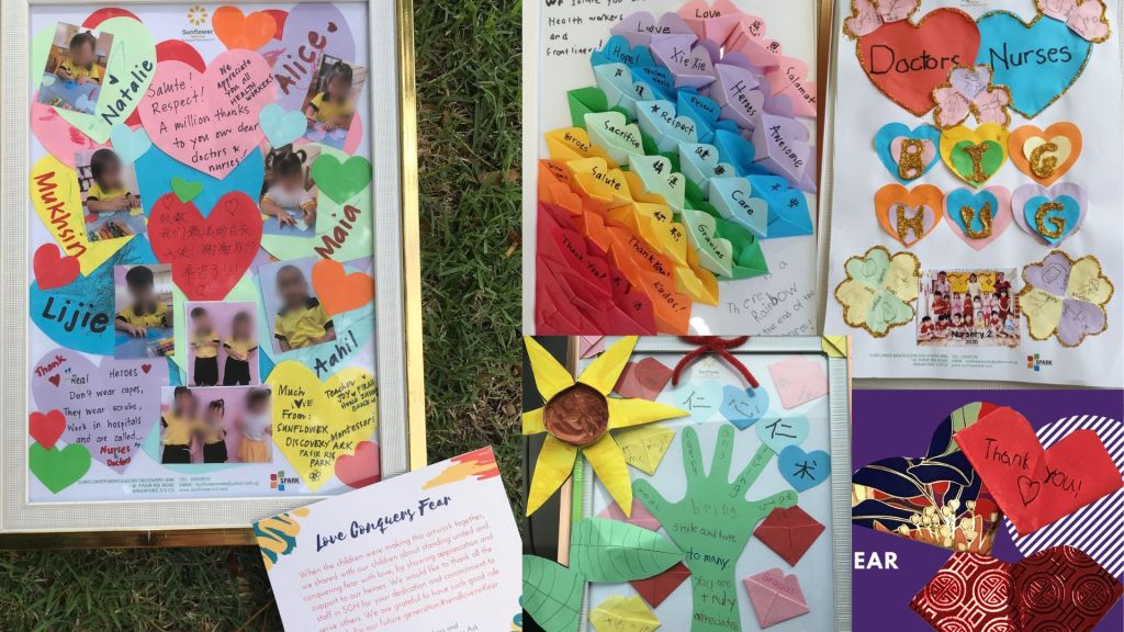 A collage of origami hearts created to encourage healthcare workers during COVID